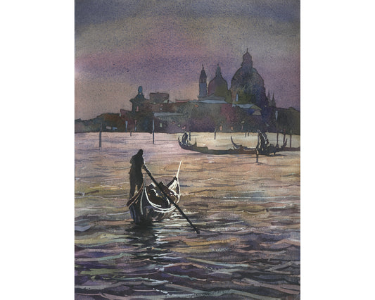 Watercolor painting of a gondolier under the moonlight near the Church of Santa Maria della Salute in Venice, Italy.