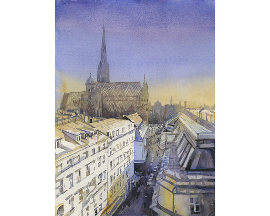 Vienna skyline St. Stephens Cathedral at sunset colorful art for house handmade item travel essentials (print)