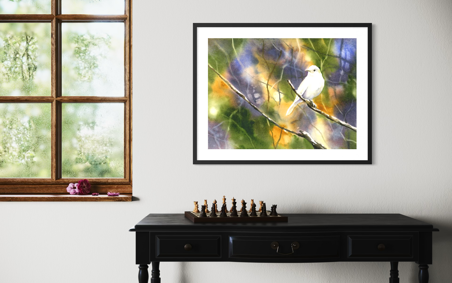White bird colorful watercolor landscape art (original)