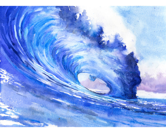 Ocean waves colorful blue watercolor landscape nautical beach house artwork handmade item surfing decor (original)