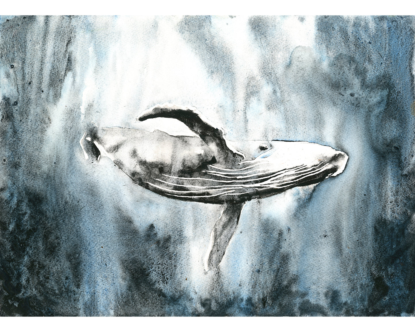 Whale swimming in ocean. Watercolor painting whale in ocean blue gray nautical artwork whale decor fine art (original) (Copy)
