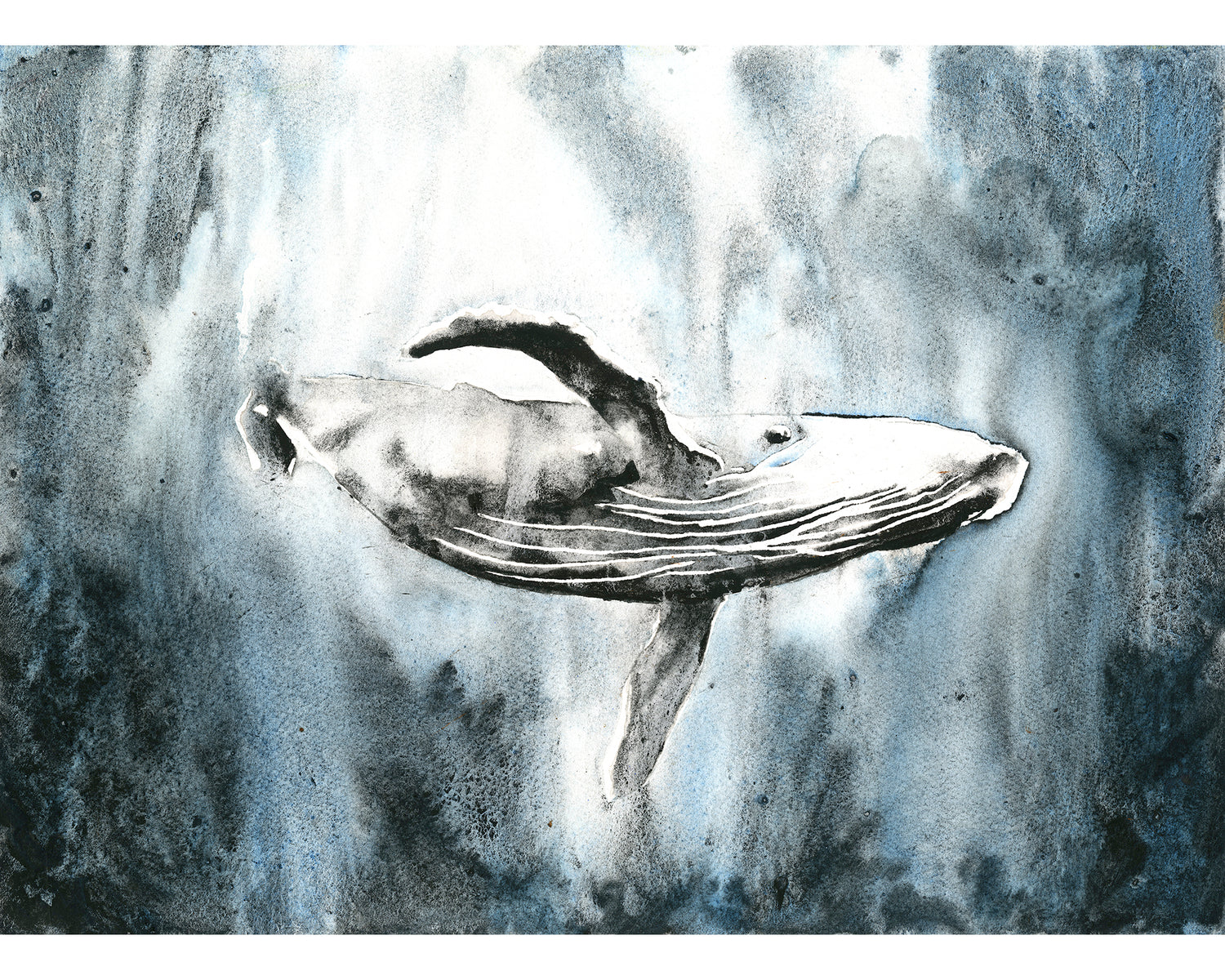 Whale swimming in ocean. Watercolor painting whale in ocean blue gray nautical artwork whale decor fine art (original) (Copy)