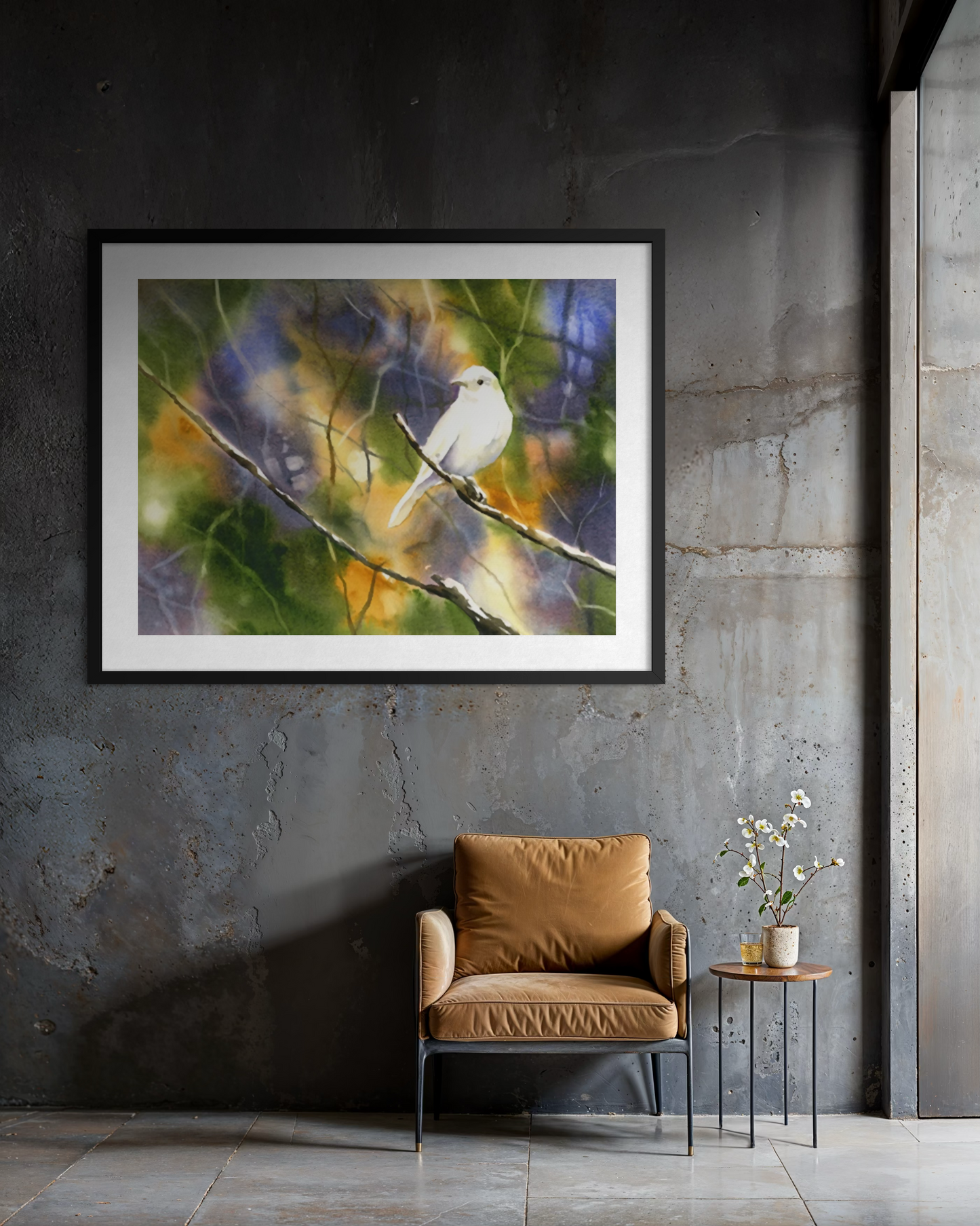 White bird colorful watercolor landscape art (original)