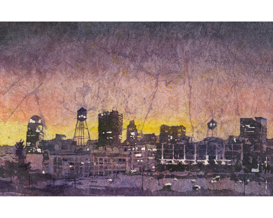 Acuarela Winston-Salem horizonte colorido NC arte de pared de moda, artículo hecho a mano obra de arte al atardecer diseño de interiores arquitectura de Carolina del Norte giclee (impresión)
