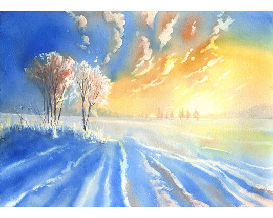 Colorful sunset winter landscape fine art watercolor featuring frosted trees and long blue shadows in snow—ideal nature scene for house decor and seasonal wall art.