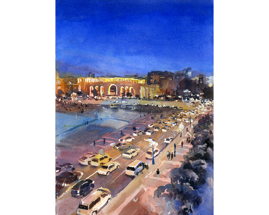 Colorful watercolor painting of Yerevan Armenia cityscape at night featuring Republic Square glowing with golden lights—ideal for travel home decor or gift for him or her.