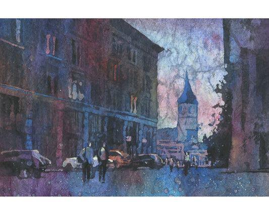 Pintura de acuarela Impresión de bellas artes de Zurich, paisaje de acuarela, iglesia de arte de Suiza Pintura de bellas artes de Zurich (impresión)