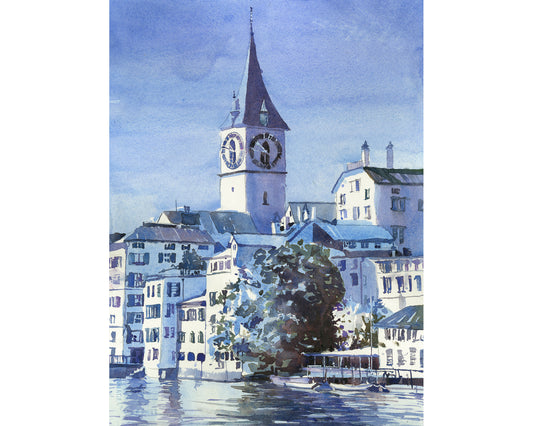 Zurich Switzerland skyline colorful watercolor painting medieval architecture travel gift handmade item trending now (original)