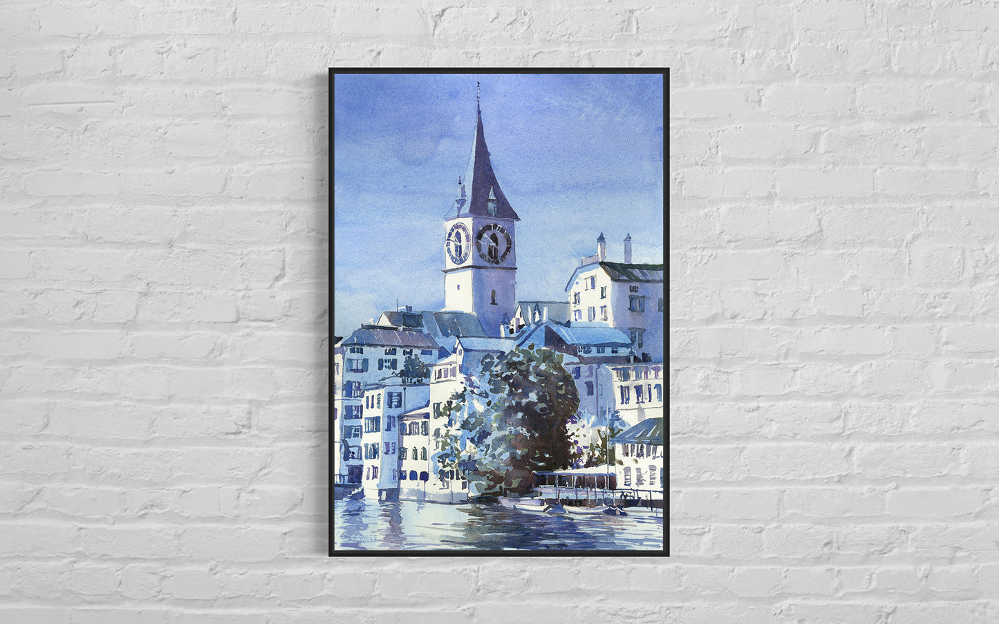 Zurich Switzerland skyline colorful watercolor painting medieval architecture travel gift handmade item trending now giclee (print)