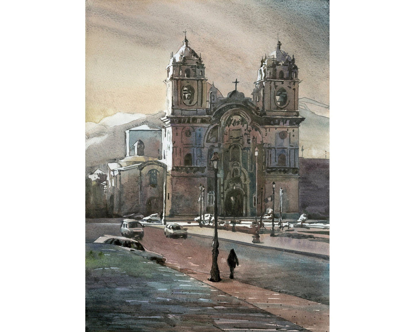 Cusco Cathedral Plaza de Armas Peru.   Cathedral on Plaza de Armas Incan watercolor painting Peru artwork church Cusco (original)