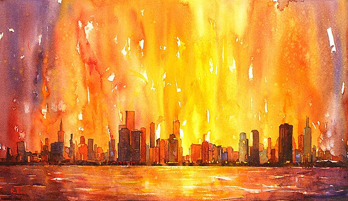 Fine art watercolor painting of downtown Chicago, Illinois (USA) skyline at dawn as viewed from Lake Michigan