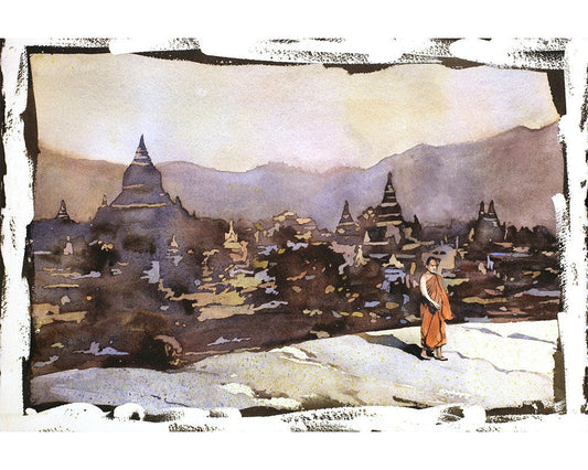 Buddhist monk w/ ruined temple of Bagan in distance-Myanmar (Burma).  Buddhist art.  Pagan ruined temples watercolor (original))