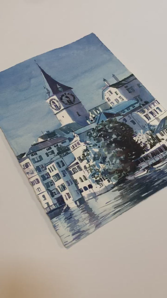 Zurich Switzerland skyline colorful watercolor painting medieval architecture travel gift handmade item trending now (original)
