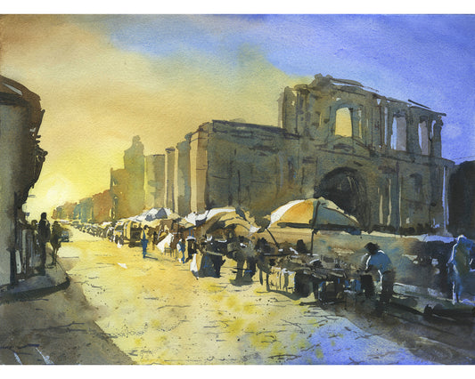 Fine art painting street Antigua Guatemala, wall art Antigua watercolor Central America sunset giclee art watercolor landscape decor (print)