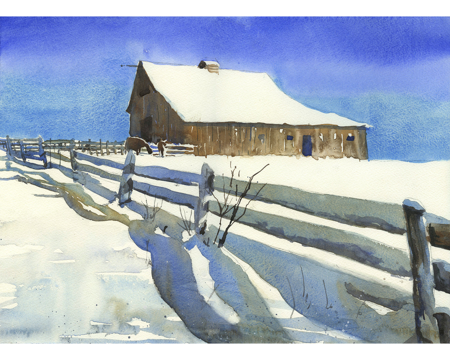 Painting of barn covered by snow, fine art watercolor landscape painting snowy barn home decor (print)