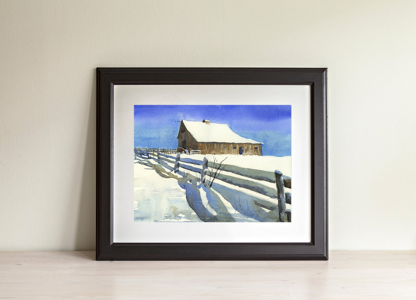 Painting of barn covered by snow, fine art watercolor landscape painting snowy barn home decor (print)