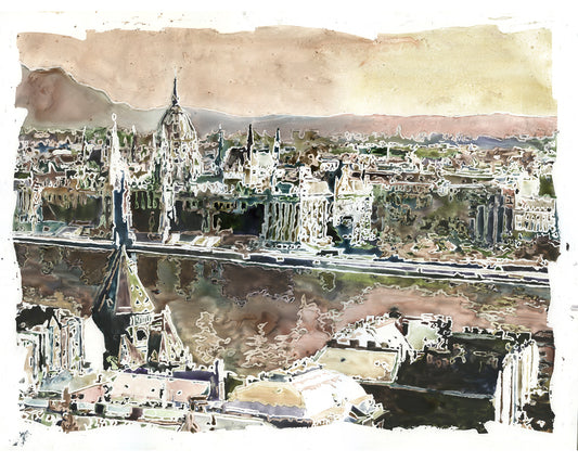 Budapest skyline- Hungary.  Hungarian Parliament & skyline of Budapest artwork watercolor Hungary (original)