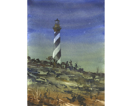 Faro de Cabo Hatteras en Outer Banks, Carolina del Norte. Obra de arte OBX pintura costera obra de arte de la casa de playa (original)