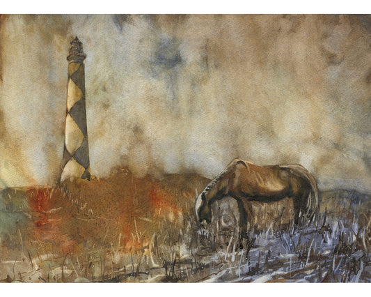 Cape Lookout and horse on Outer Banks- colorful watercolor home decor