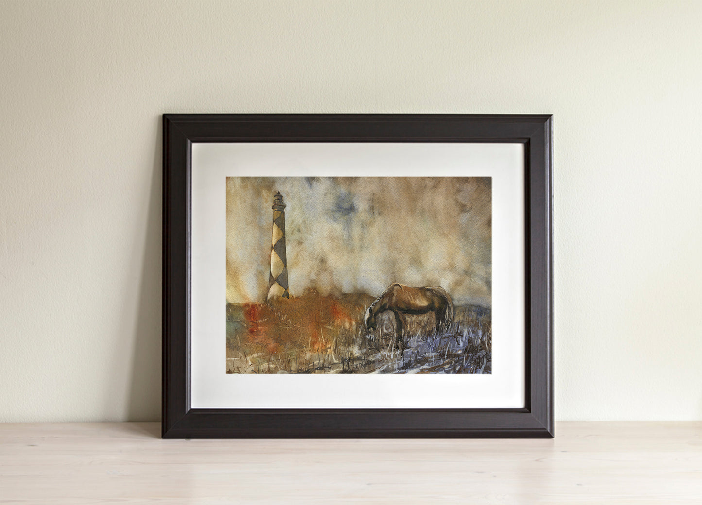 North Carolina lighthouse and horse OBX watercolor landscape painting