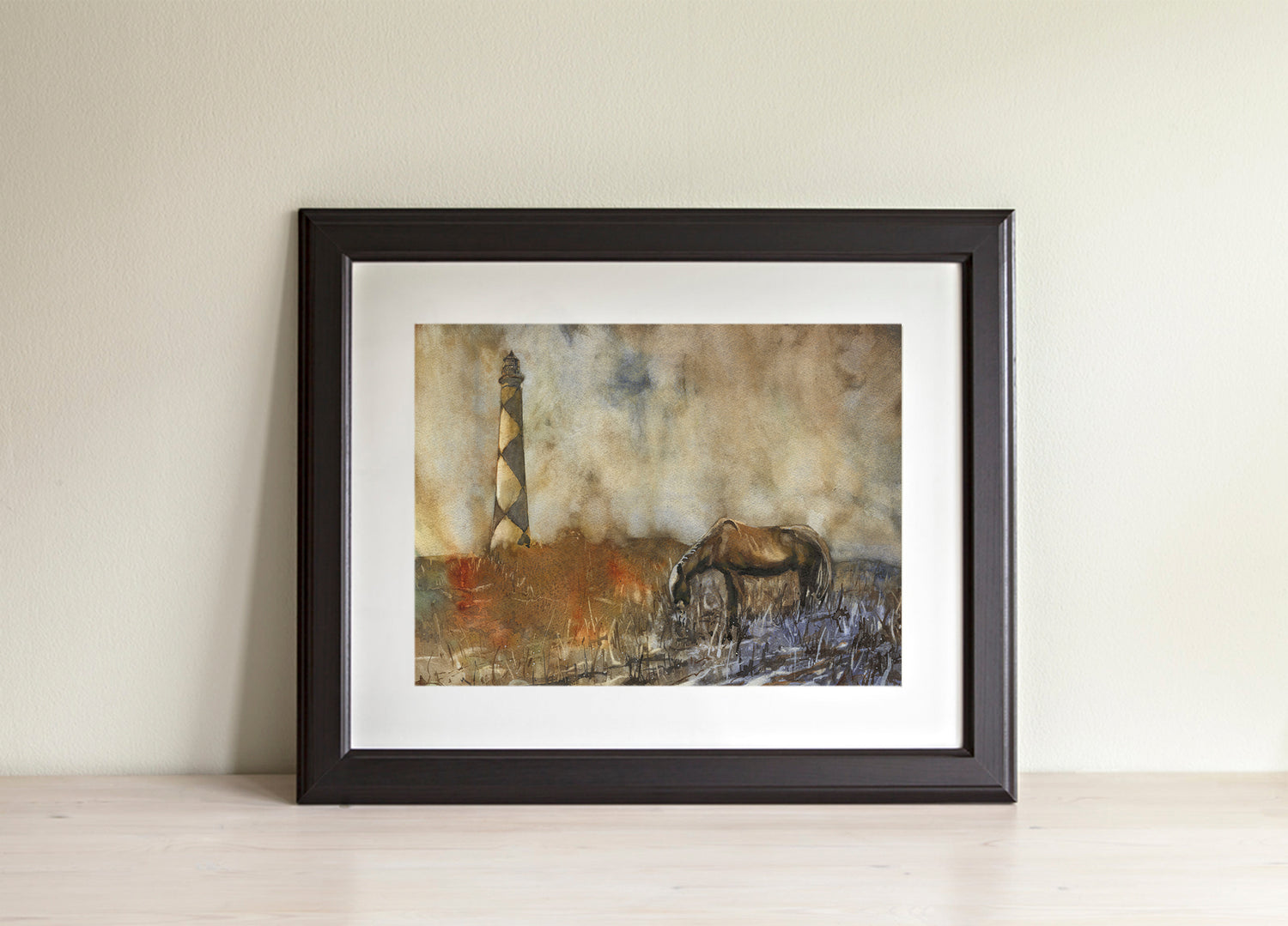 North Carolina lighthouse and horse OBX watercolor landscape painting