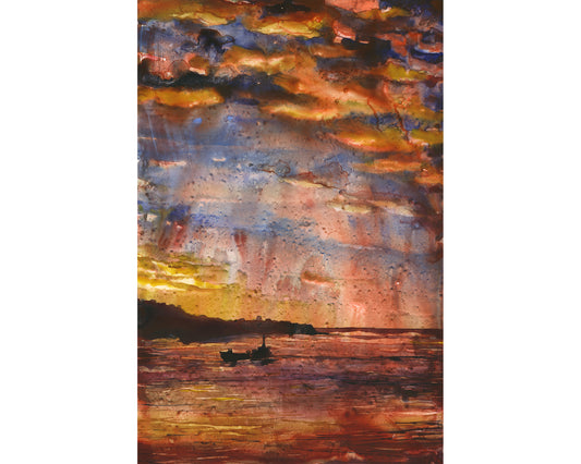 Valparaiso, Chile colorful sunset over bay.  Watercolor painting Valparaiso Chile boat artwork colorful sunset orange blue home decor South America art (print)