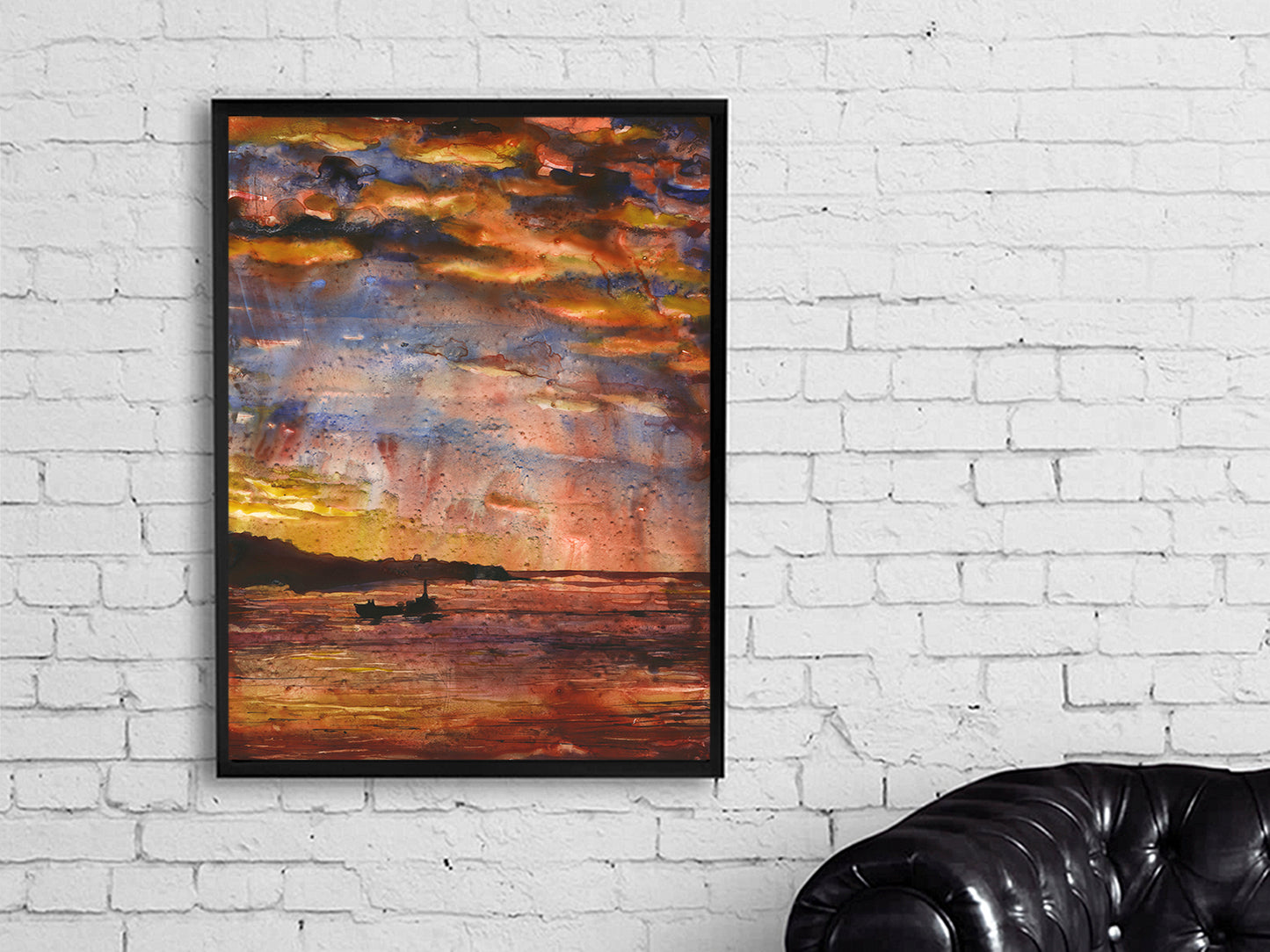 Valparaiso, Chile colorful sunset over bay.  Watercolor painting Valparaiso Chile boat artwork colorful sunset orange blue home decor South America art (original)