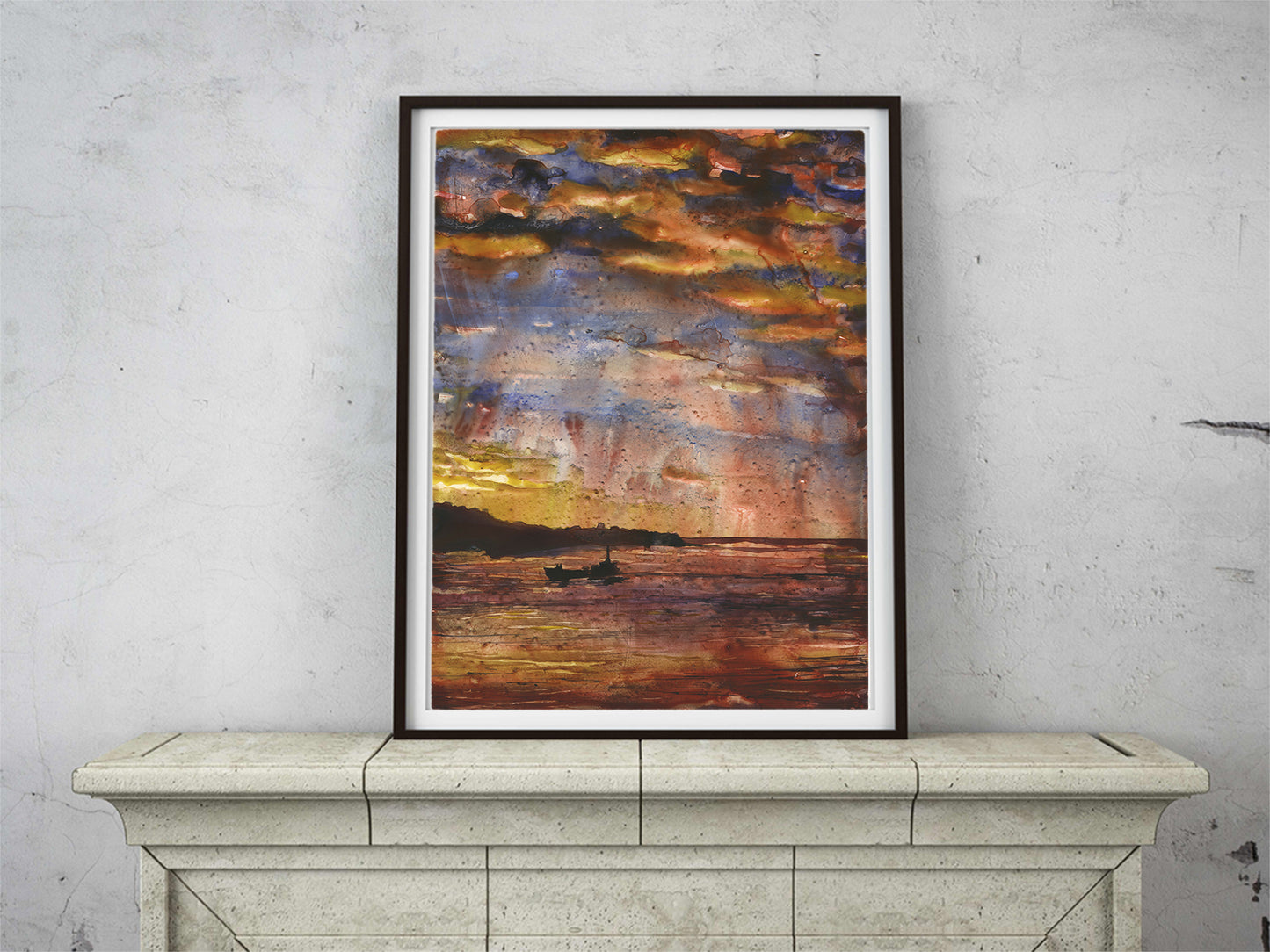 Valparaiso, Chile colorful sunset over bay.  Watercolor painting Valparaiso Chile boat artwork colorful sunset orange blue home decor South America art (original)