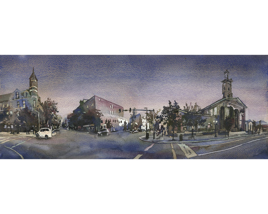 Centro histórico del centro de Chillicothe, Ohio. Pintura de acuarela Chillicothe OH centro de la ciudad horizonte arte arquitectura distrito de negocios (impresión)