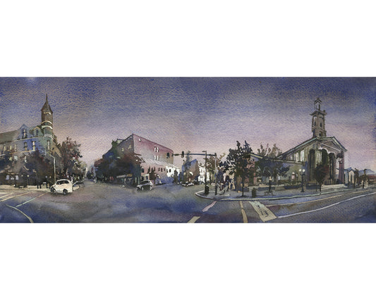 Watercolor painting Chillicothe OH downtown skyline art architecture business district (original)