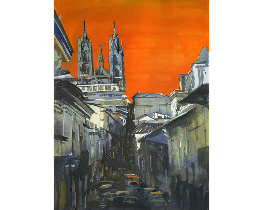 Basilica del Voto Nacional rising above colonial buildings of Quito, Ecuador.  Watercolor painting Quito Ecuador city scene home decor orange blue (print)