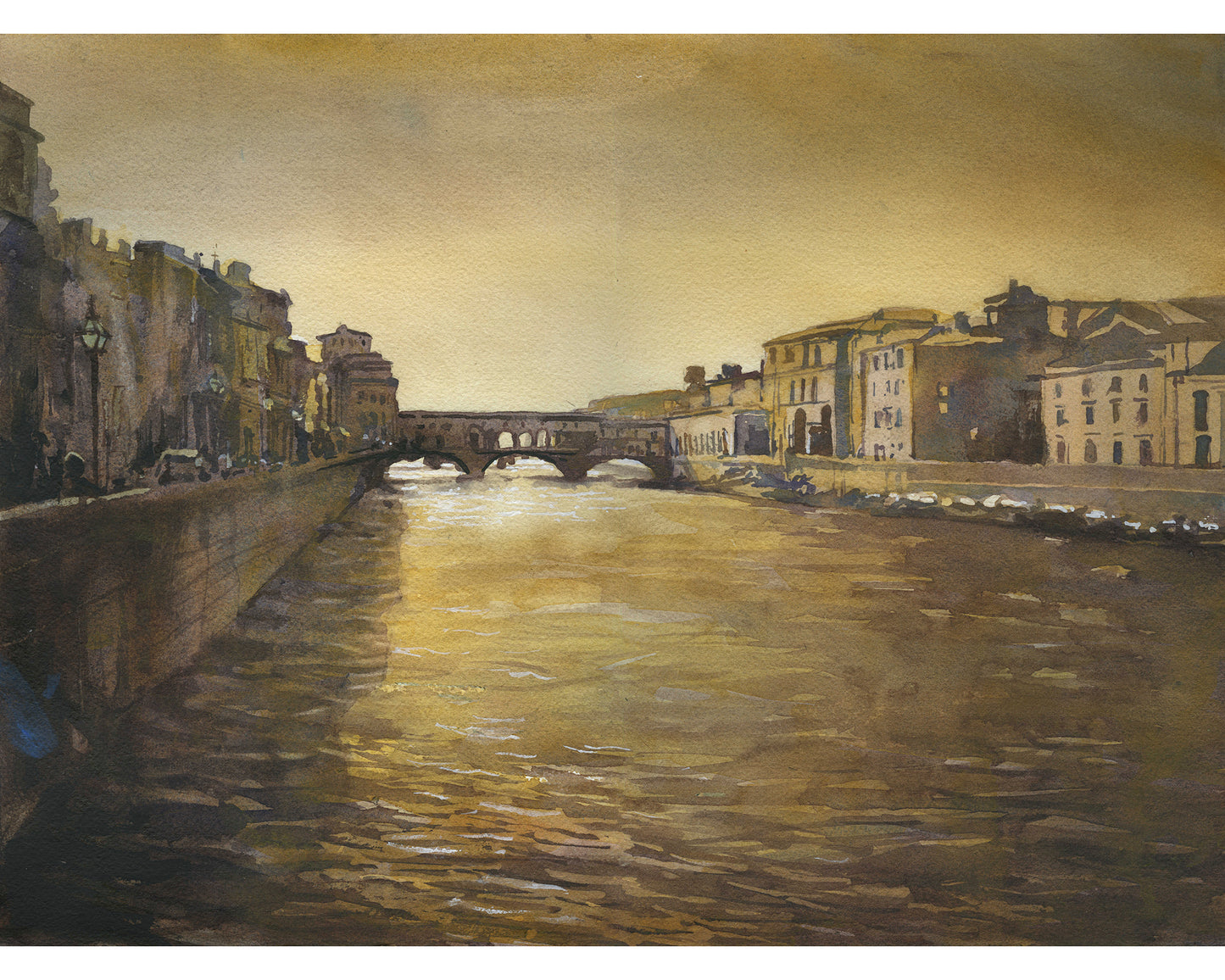 Ponte Vecchio bridge in medieval city of Florence, Italy.  Watercolor of Ponte Vecchio, Florence art (original)