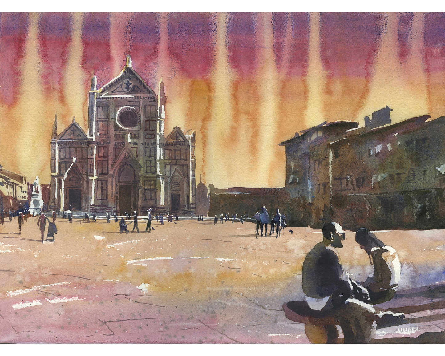 Watercolor Florence Italy church Santa Croce, sunset colorful wall art European city Florence Italy artwork watercolor church giclee (original)