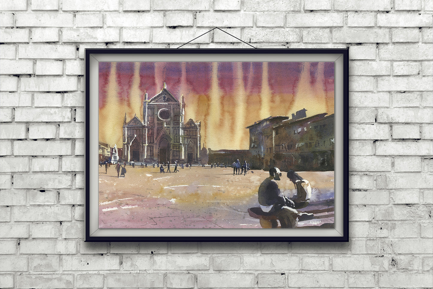 Watercolor Florence Italy church Santa Croce, sunset colorful wall art European city Florence Italy artwork watercolor church giclee (print)