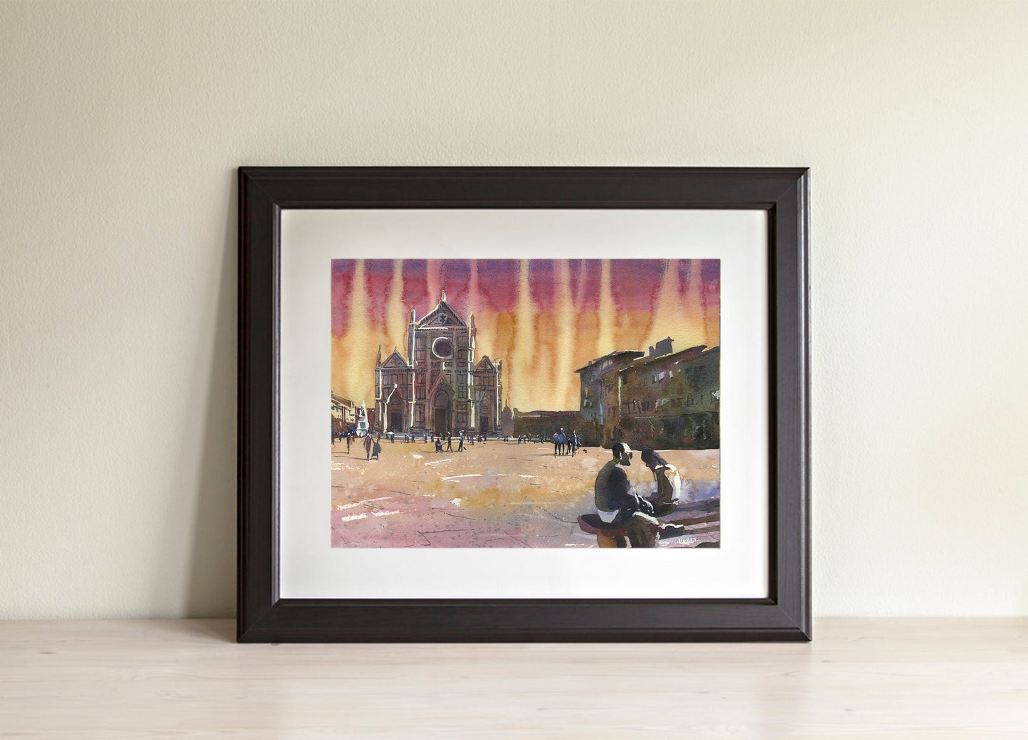 Watercolor Florence Italy church Santa Croce, sunset colorful wall art European city Florence Italy artwork watercolor church giclee (original)