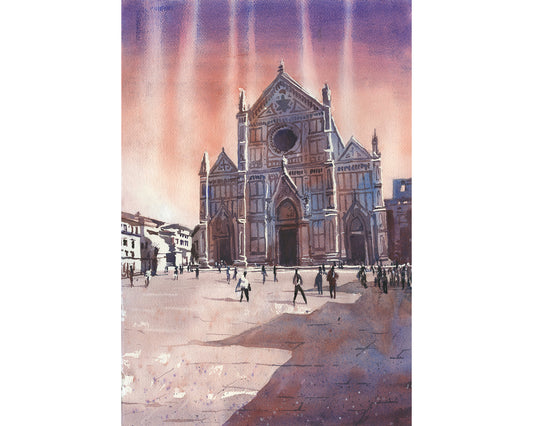 Colorido arte de la pared Florencia Italia iglesia Santa Croce, puesta de sol colorido paisaje urbano de Europa Florencia horizonte obras de arte iglesia de moda giclee (impresión)