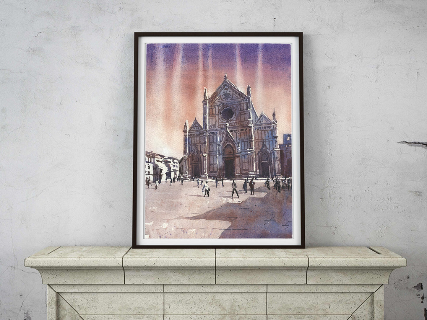 Colorful wall art Florence Italy church Santa Croce, sunset colorful Europe cityscape Florence skyline artwork church trendy giclee (original)