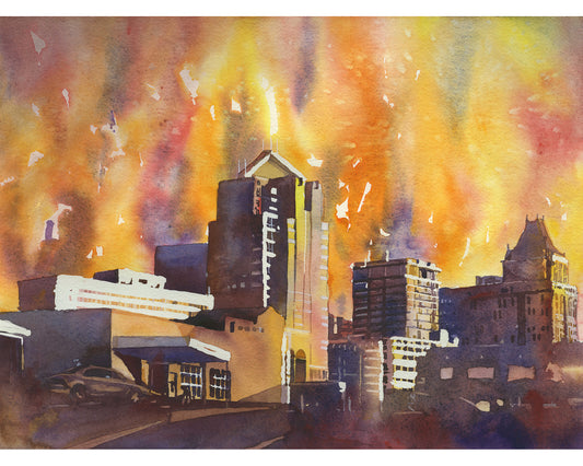 Greensboro, NC skyline watercolor painting. Colorful artwork Greensboro North Carolina city artwork sunset landscape NC city decor (print)