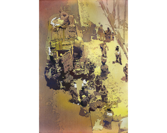 Descarga de autobuses guatemaltecos cerca del mercado de Chichicastenango, Guatemala. Coloridas obras de arte en acuarela (impresión de arte)