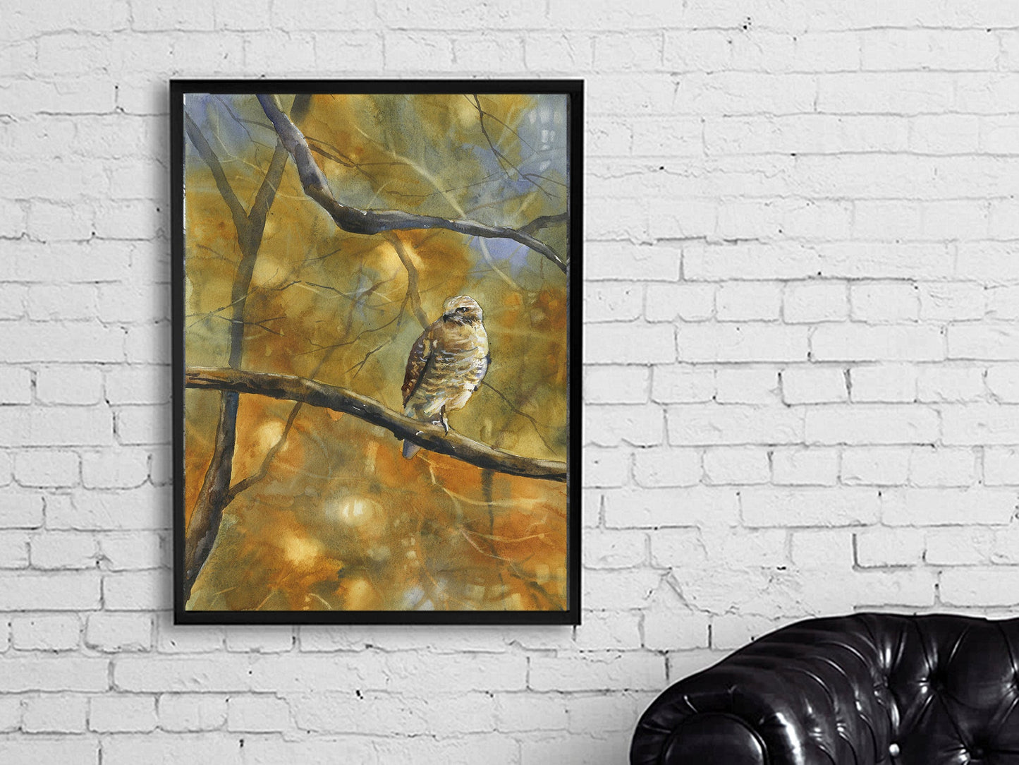 Hawk sitting on branch outside.  Watercolor painting of hawk on branch- hawk artwork painting hawk. Hawk on branch watercolor art (original)