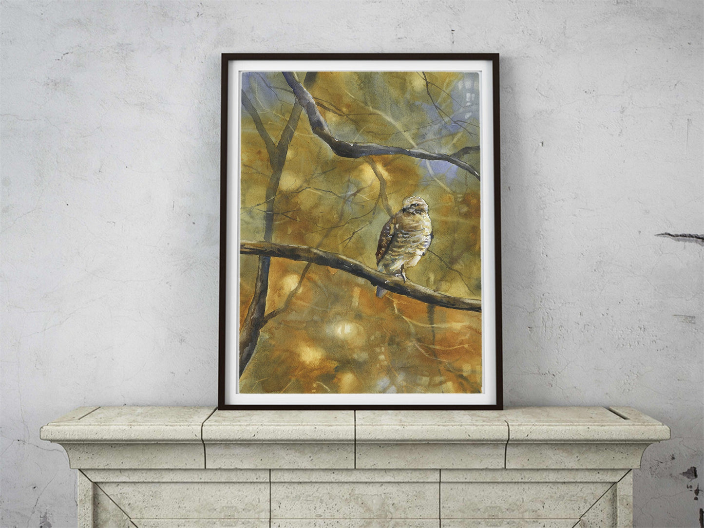 Hawk sitting on branch outside.  Watercolor painting of hawk on branch- hawk artwork painting hawk. Hawk on branch watercolor art (original)