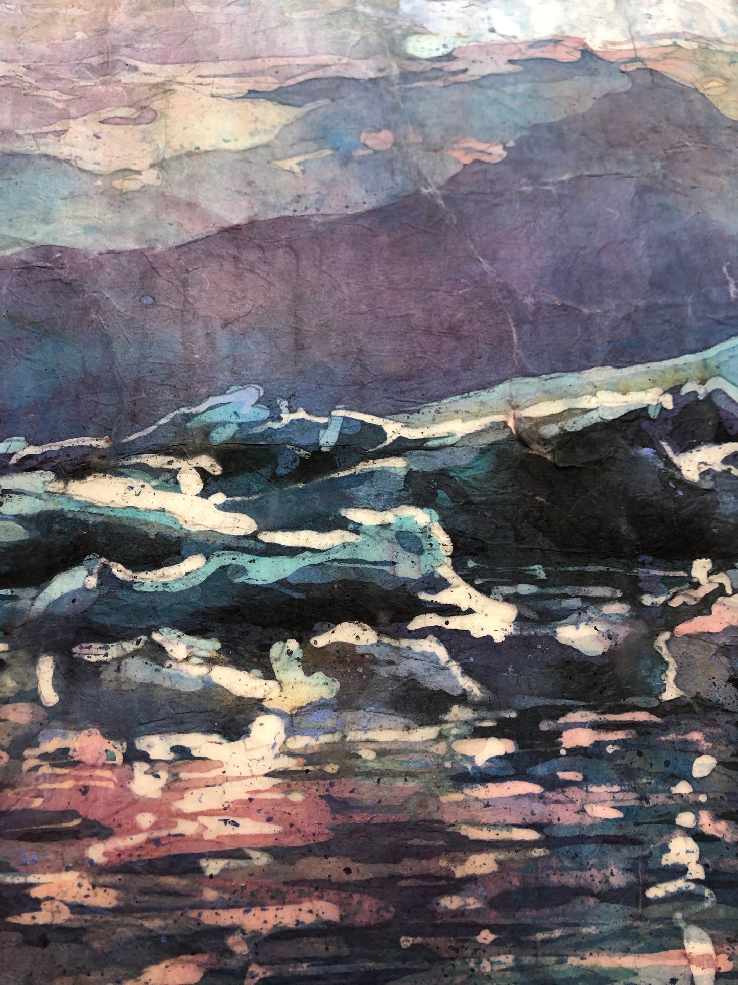 Icelands Diamond beach at Vatnajökull National Park.  Iceland glacier and icebergs floating into sea at sunset watercolor batik painting Iceland home decor (print)