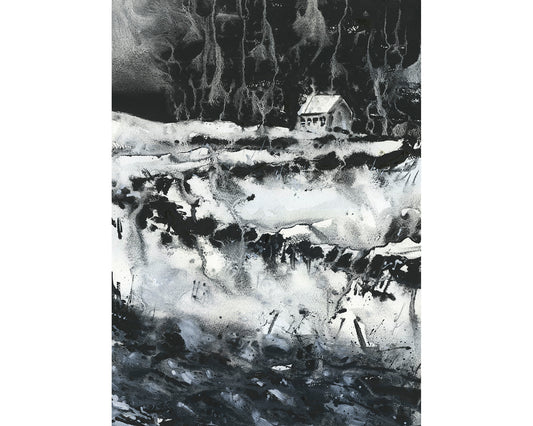 Pintura de acuarela de la iglesia de Islandia. Pintura monocromática en acuarela en blanco y negro Impresión de obras de arte del paisaje de la iglesia islandesa Reykjavik (impresión)