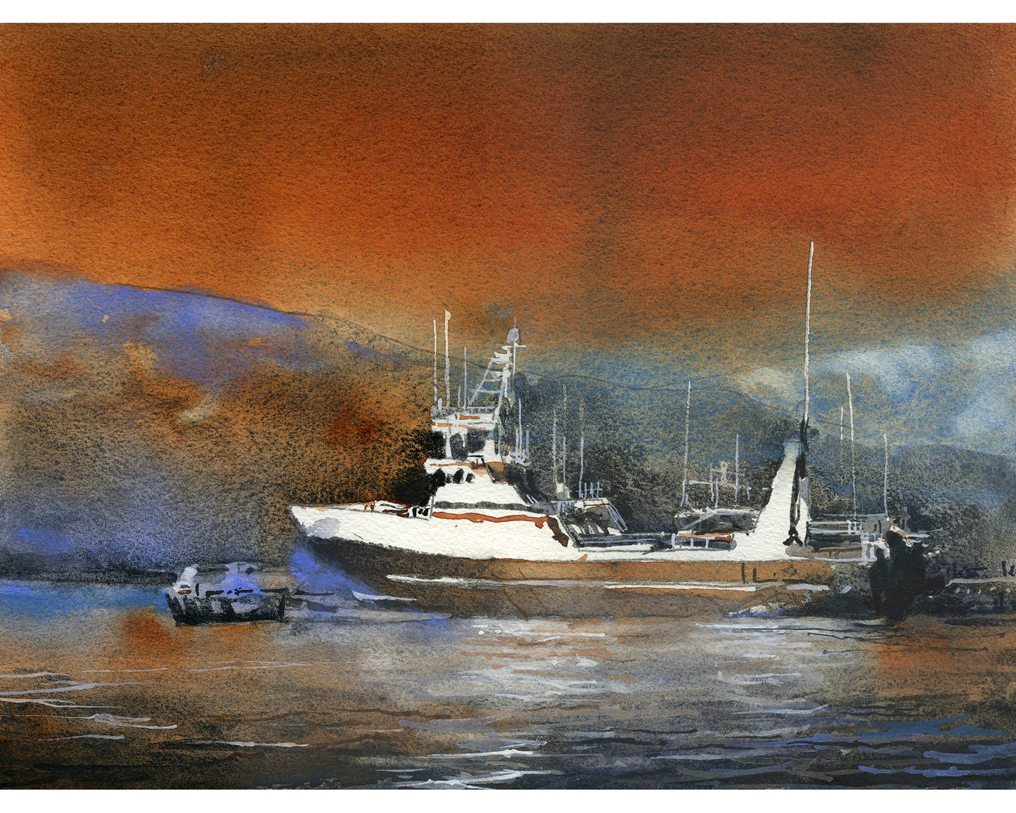 Fishing boat Iceland artwork.  Icelandic fishing boat Dalvik Iceland at sunset watercolor painting water orange blue decor fine art (original)