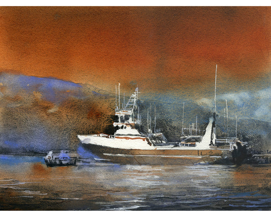 Fishing boat Iceland artwork.  Icelandic fishing boat Dalvik Iceland at sunset watercolor painting water orange blue decor fine art (print)