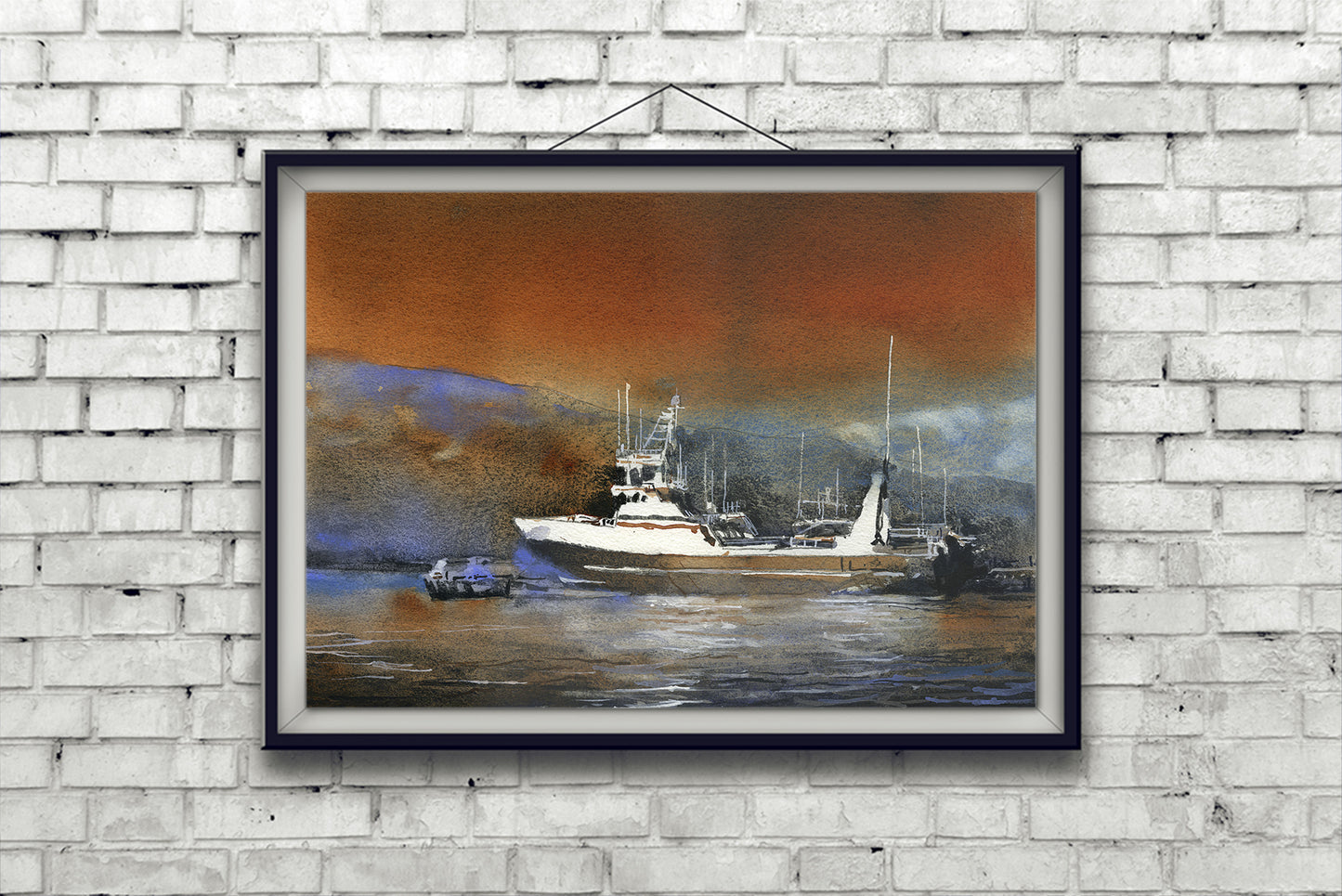 Fishing boat Iceland artwork.  Icelandic fishing boat Dalvik Iceland at sunset watercolor painting water orange blue decor fine art (original)