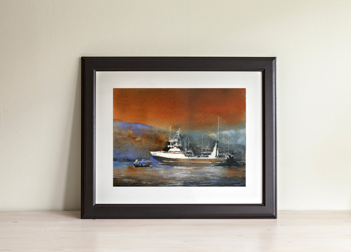 Fishing boat Iceland artwork.  Icelandic fishing boat Dalvik Iceland at sunset watercolor painting water orange blue decor fine art (original)