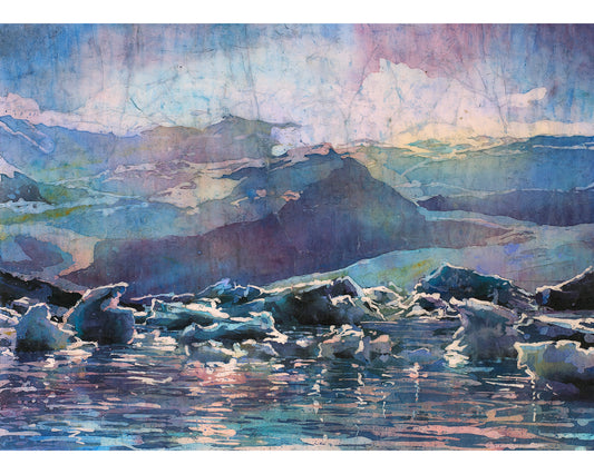 Icelands Diamond beach at Vatnajökull National Park.  Iceland glacier and icebergs floating into sea at sunset watercolor batik painting Iceland home decor (print)