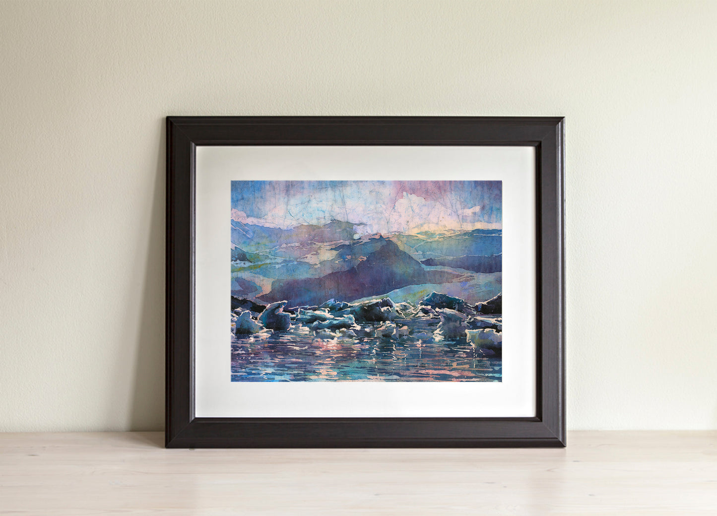 Icelands Diamond beach at Vatnajökull National Park.  Iceland glacier and icebergs floating into sea at sunset watercolor batik painting Iceland home decor (print)