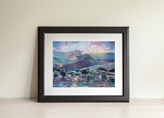Icelands Diamond beach at Vatnajökull National Park. Iceland glacier and icebergs floating into sea at sunset watercolor batik painting Iceland home decor (print)